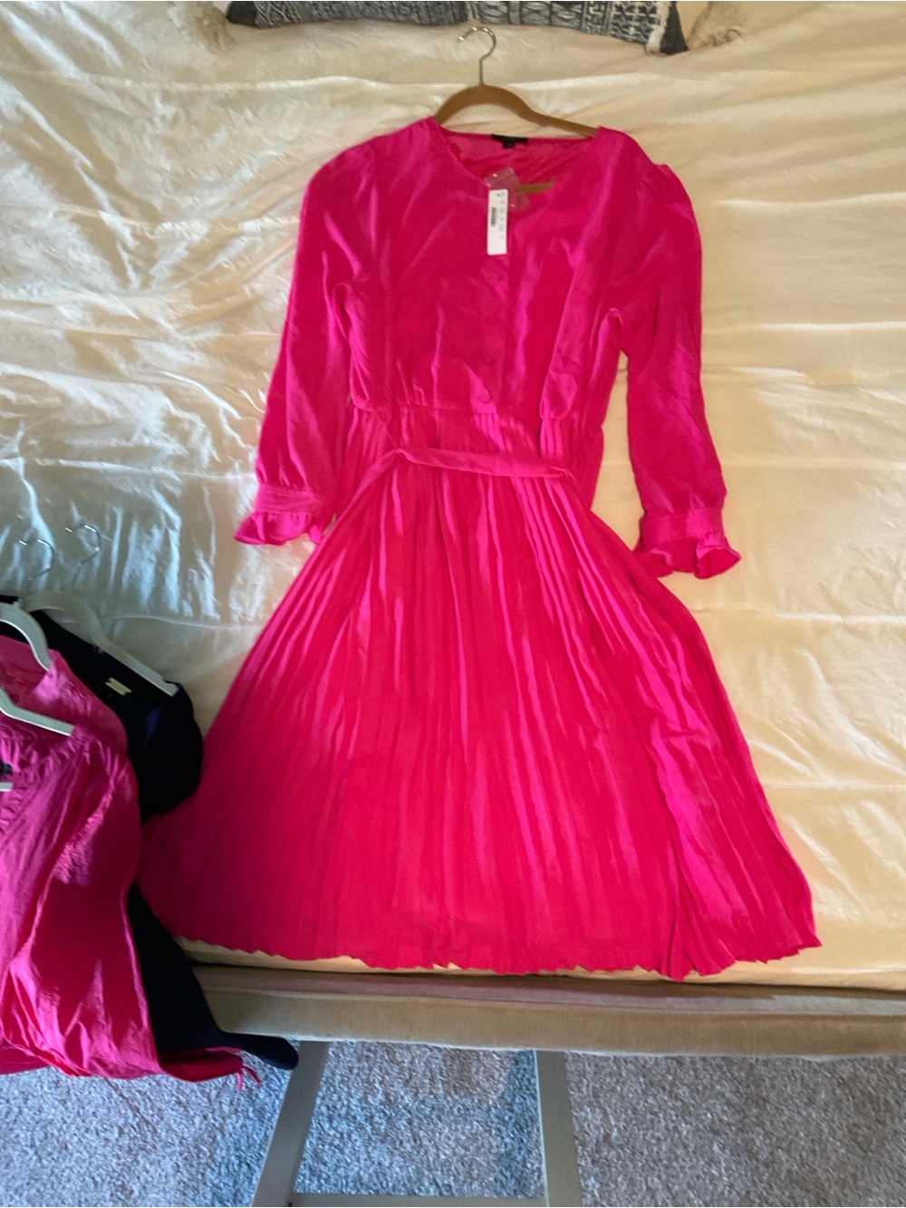 J. Crew Hot Pink Pleated Midi Dress with Tie Waist